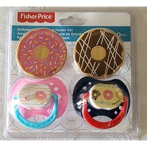 Fisher-Price Orthodontic Pacifier & Holder Set of 4 0M+ Multicolor NEW Donut